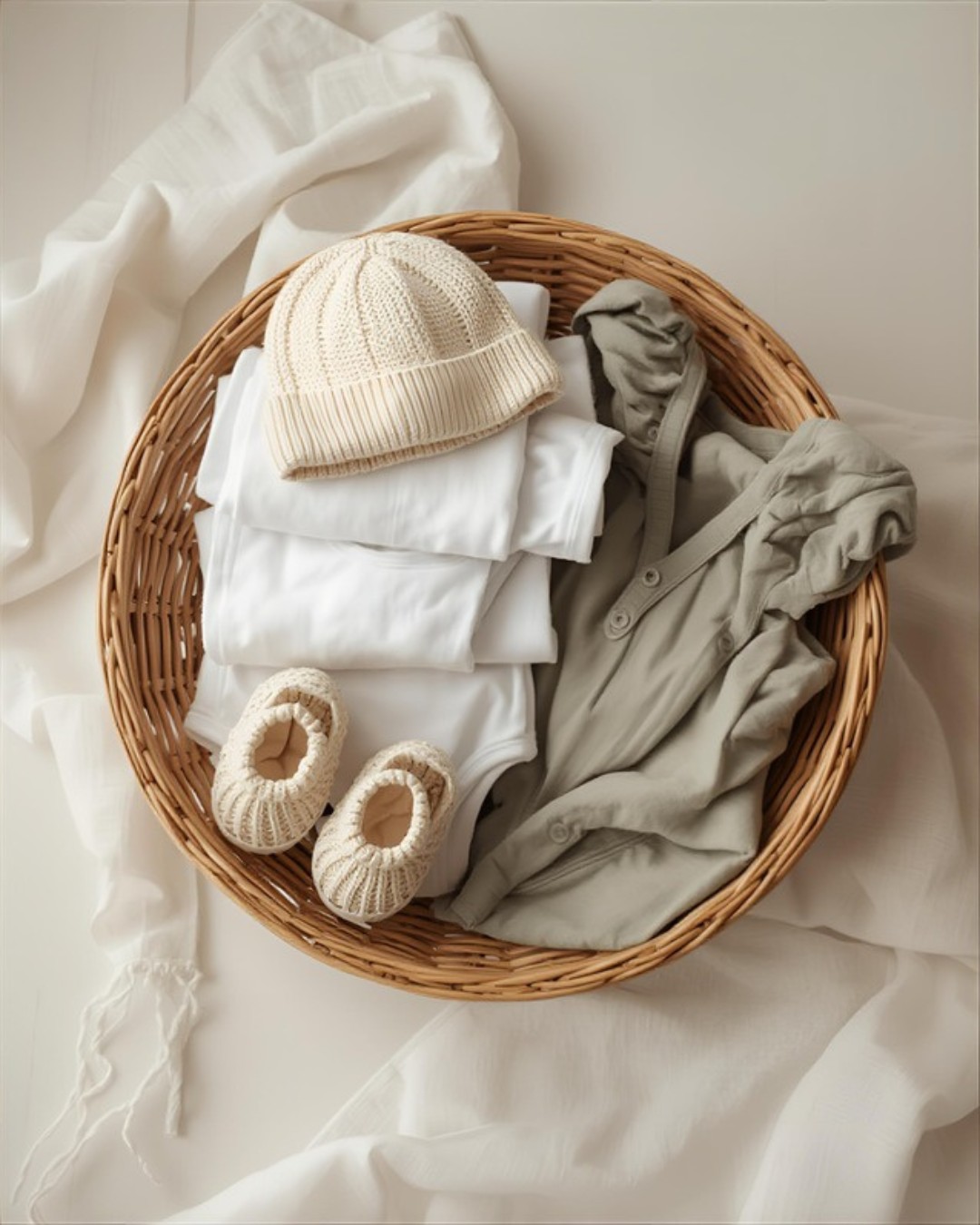 Lista de prendas del ajuar de nacimiento — gorritos, escarpines, bodies y batitas listos para el bolso de la clínica